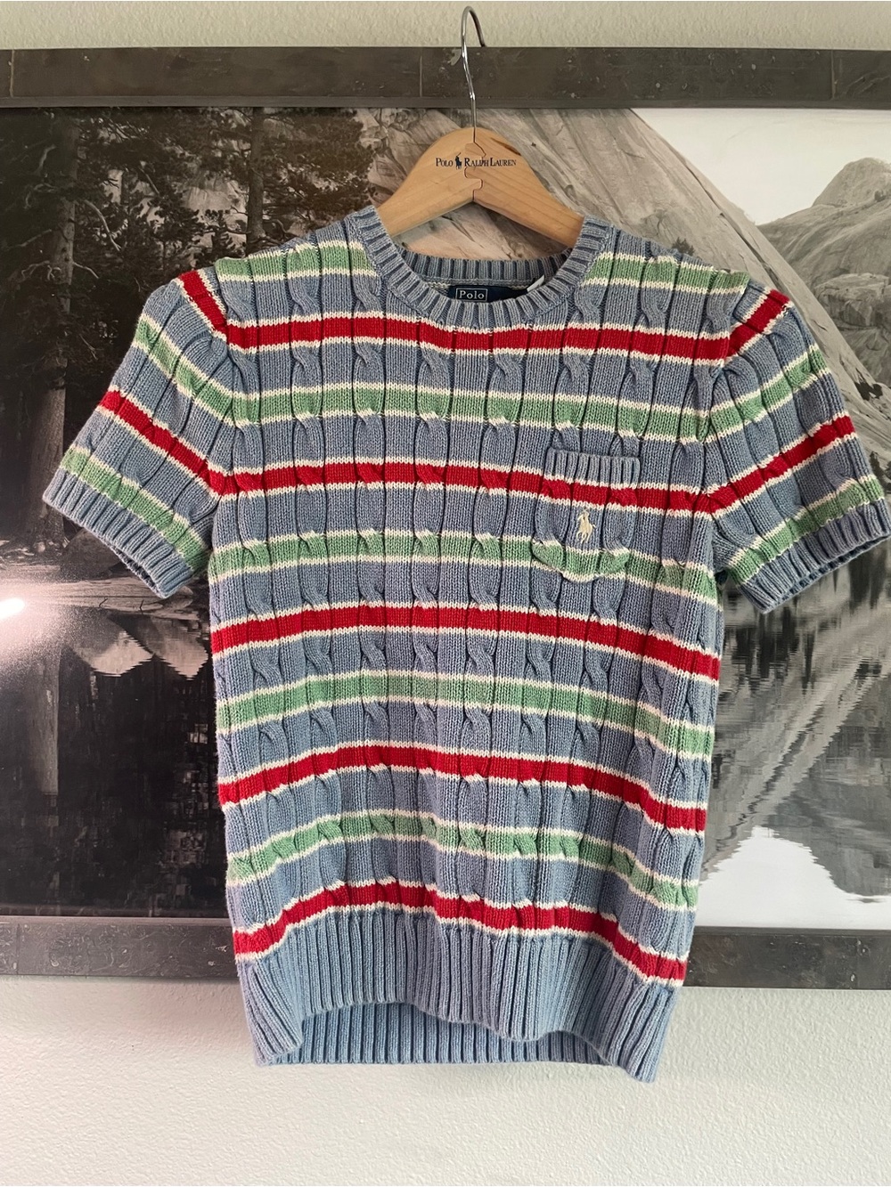 Polo Ralph Lauren Blue Crewneck Sweater with Red & Green Stripes